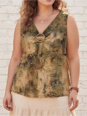 Vintage 90s Y2K Fairycore Boho Whimsy Earth Tones Floral Foliage Green Tank Top